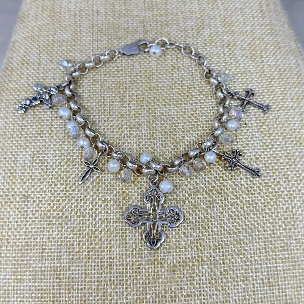 Vintage 925 Religious 5 Cross Charm Bracelet Sterling Silver Christian